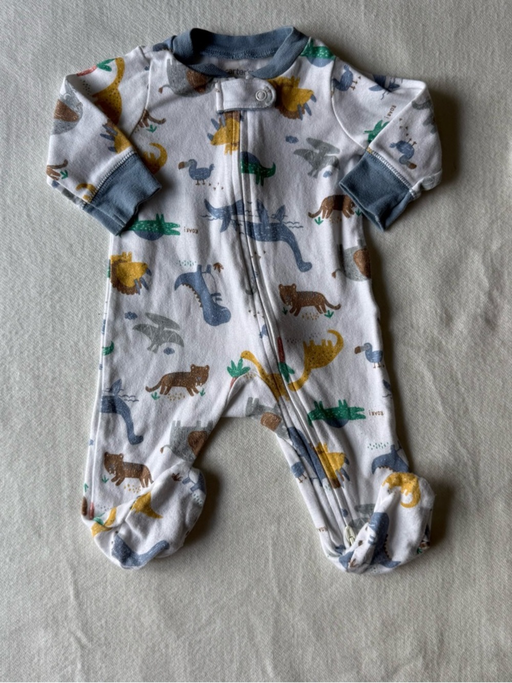 Carter's White Footed One-Piece with Blue, Green, Yellow & Brown Animal Print 3M